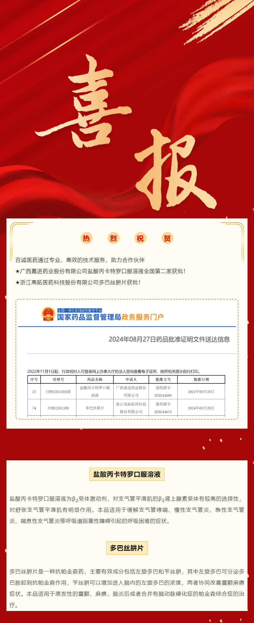 喜報！百誠醫(yī)藥助力合作伙伴鹽酸丙卡特羅口服溶液、多巴絲肼片獲批！.png